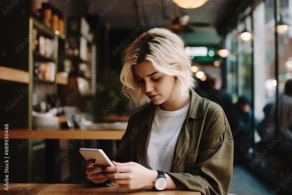 Fototapeta premium Blonde woman using smartphone in cafe. Concept of connected lifestyle.