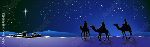 Merry Christmas. Christmas story. Three wise men follow the star to Bethlehem to worship the infant Jesus Christ  the savior of the world  Son of God   symbol of Christianity  vector illustration