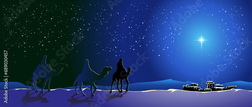 Merry Christmas. Christmas story. Three wise men follow the star to Bethlehem to worship the infant Jesus Christ, the savior of the world, Son of God , symbol of Christianity  vector illustration photo
