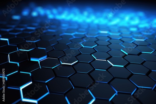 Abstract background with black and blue neon hexagons. Futuristic technological concept