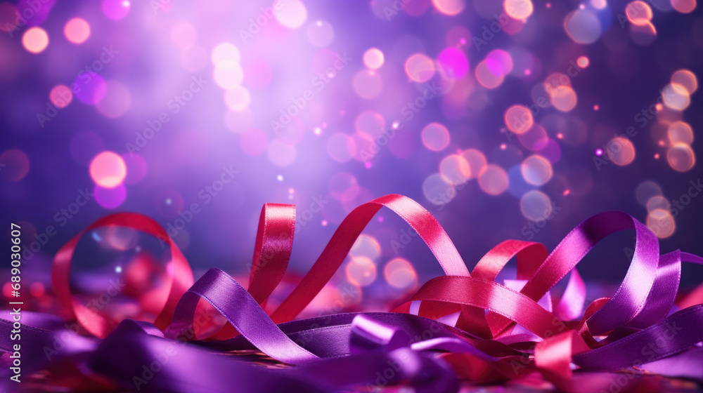 Confetti of pink, red ribbons on a purple bokeh background. Valentine's day backdrop Confetti of pink, red ribbons on a purple bokeh background. Valentine's day backdrop