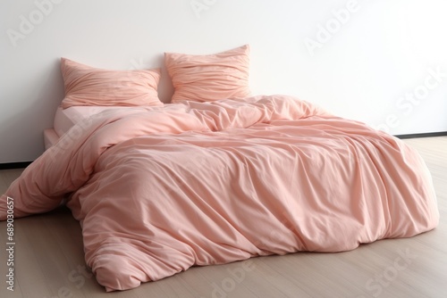 A bed with pink bed linen with a blanket and pillows