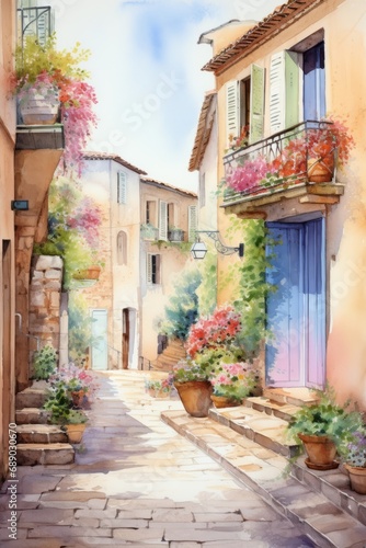 Watercolor Provence streets with windows and houses © Denis