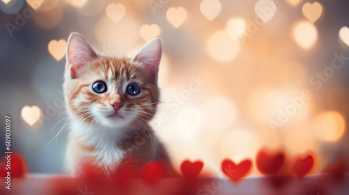 Cute cat on heart shape bokeh background