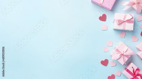 Pink gift boxes with hearts on blue background © tashechka