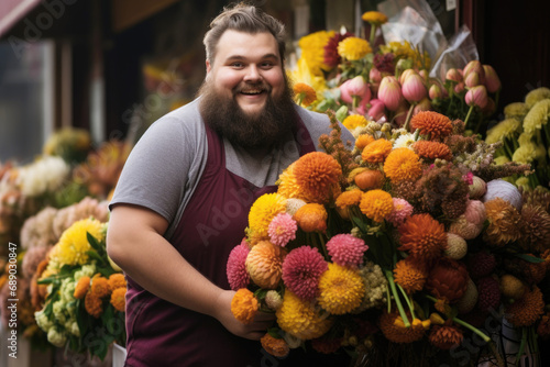 A fat male manager in an apron stands behind the counter in a flower shop