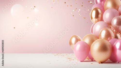 Pink and golden balloons on festive background
