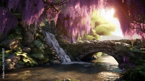A quaint stone bridge spanning a gentle stream, its arches framed by cascading wisteria in full bloom. © rojar deved