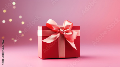 Red gift box on a pink background.