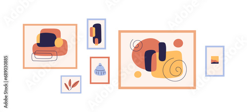 Framed pictures set hanging on wall. Home art gallery composition, design with drawings, painting in contemporary modern trendy abstract style. Flat vector illustration isolated on white background