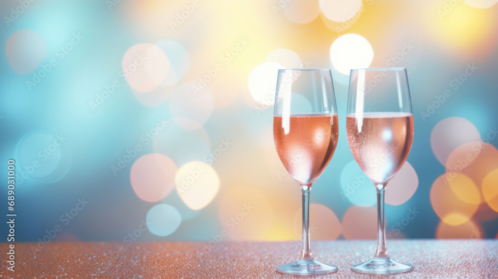 A two glass of sparkling wine on a soft pastel colorful bokeh background A two glass of sparkling wine on a soft pastel colorful bokeh background