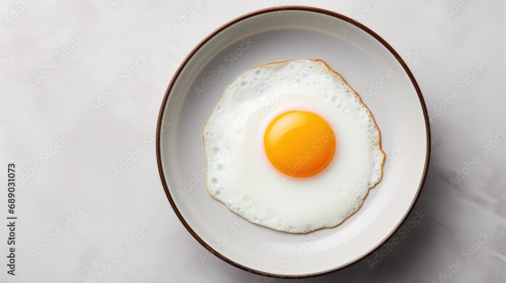 Tasty looking fried egg on white plate and white background for healthy and nutritional breakfast and healthy food lifestyle concept with copyspace Tasty looking fried egg on white plate and white background for healthy and nutritional breakfast and healthy food lifestyle concept with copyspace