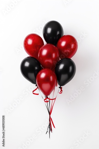 A bunch of red and black balloons
