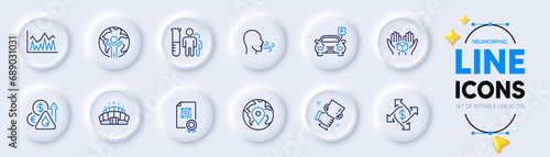 Hold box, Pin and Qr code line icons for web app. Pack of Winner cup, Breathing exercise, Global business pictogram icons. Medical analyzes, Investment, Arena stadium signs. Neumorphic buttons. Vector