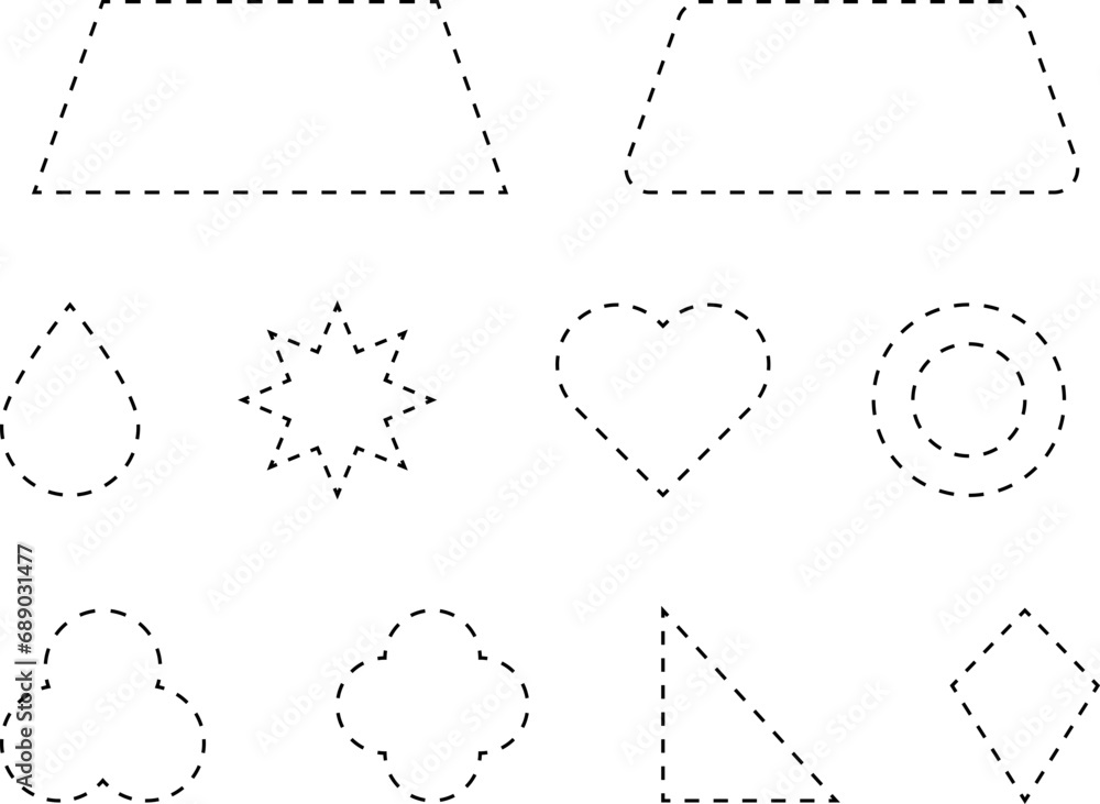 Dash line shapes. Dashed outline design of border for basic geometric shapes. Icon of cut frame. Vector illustration Dash line shapes. Dashed outline design of border for basic geometric shapes. Icon of cut frame. Vector illustration
