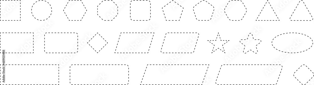 Dash line shapes. Dashed outline design of border for basic geometric shapes. Icon of cut frame. Vector illustration Dash line shapes. Dashed outline design of border for basic geometric shapes. Icon of cut frame. Vector illustration