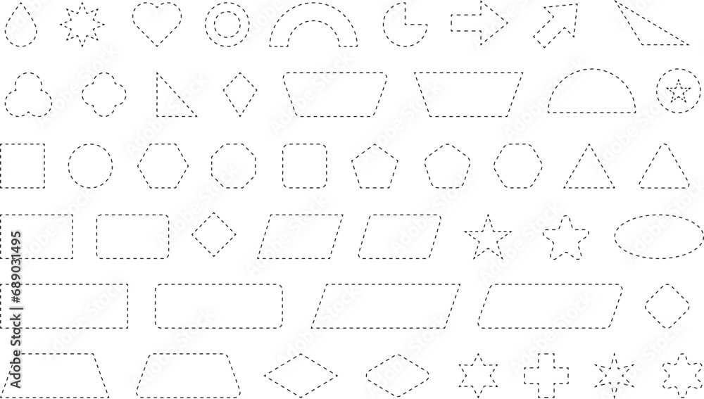Dash line shapes. Dashed outline design of border for basic geometric shapes. Icon of cut frame. Vector illustration - obrazy, fototapety, plakaty 