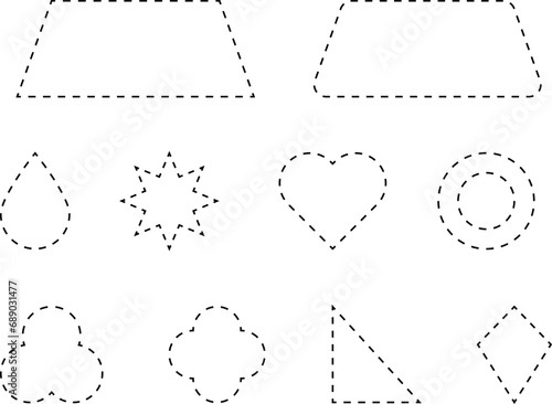 Dash line shapes. Dashed outline design of border for basic geometric shapes. Icon of cut frame. Vector illustration