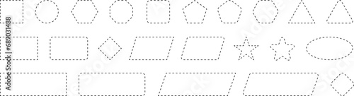 Dash line shapes. Dashed outline design of border for basic geometric shapes. Icon of cut frame. Vector illustration