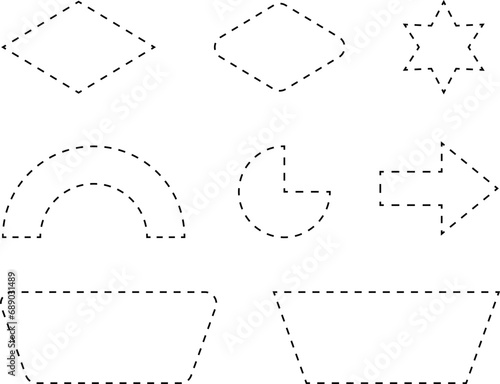 Dash line shapes. Dashed outline design of border for basic geometric shapes. Icon of cut frame. Vector illustration