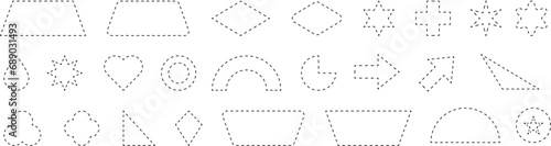 Dash line shapes. Dashed outline design of border for basic geometric shapes. Icon of cut frame. Vector illustration