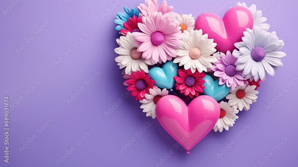 Festive greeting bouquet of multicolored flowers and heart-shaped balloons on a lilac background