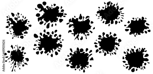 Abstract artistic ink splatter paint splatter  drops  dots  wet dye prints. Big set of black watercolor paint brush texture. Grunge water  spray drop spatter  blot splatters  silhouettes. Vector