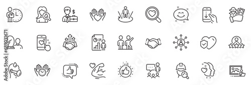 Icons pack as Like, Life insurance and Fraud line icons for app include Moisturizing cream, Scroll down, Delivery man outline thin icon web set. Handshake, Teamwork, Business report pictogram. Vector