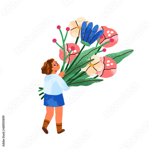 Child holding flower bouquet in hands. Cute tiny girl kid carrying huge floral bunch. Walking with spring blossomed blooms for holiday gift. Flat vector illustration isolated on white background