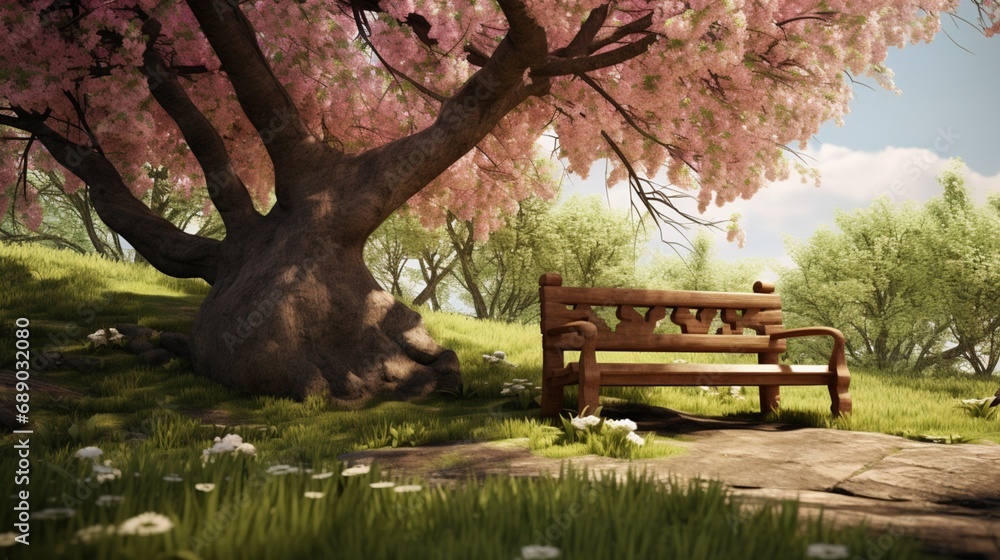 A quaint wooden bench nestled under the boughs of a blossoming cherry tree, an idyllic spot to enjoy a spring afternoon.