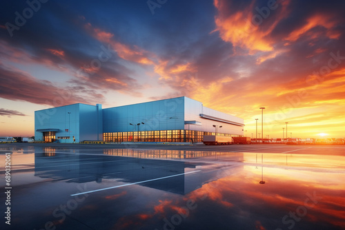 Modern Logistic Warehouse Facility Structure at Sunrise, Infused with a Harmonious Blend of Blue and Orange Hues. Ai generated