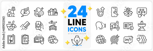 Icons set of Floor lamp, Ranking star and Holiday presents line icons pack for app with Archery, Seo gear, Friends world thin outline icon. Smartphone repair, Face id. Design with 3d stars. Vector