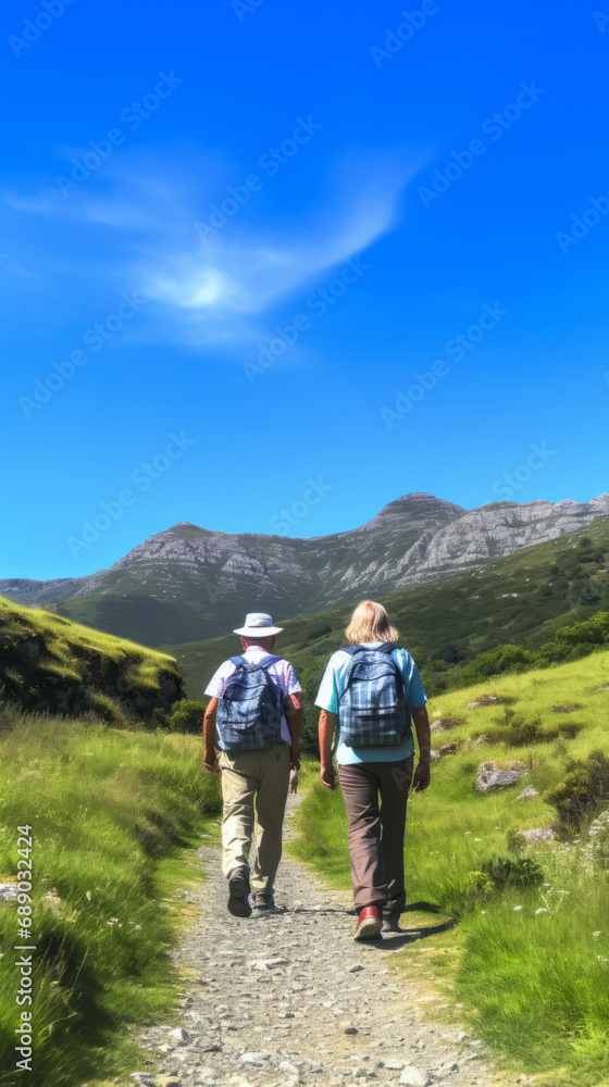 older couple walking on a footpath towards mountains