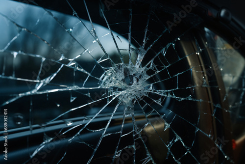 Cracked window, cracked car windshield close-up