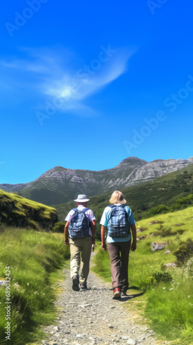older couple walking on a footpath towards mountains © Victoria Sharratt