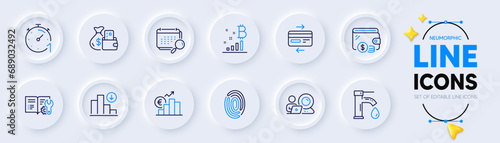Tap water, Wallet and Fingerprint line icons for web app. Pack of Euro rate, Timer, Engineering documentation pictogram icons. Decreasing graph, Calendar, Credit card signs. Neumorphic buttons. Vector