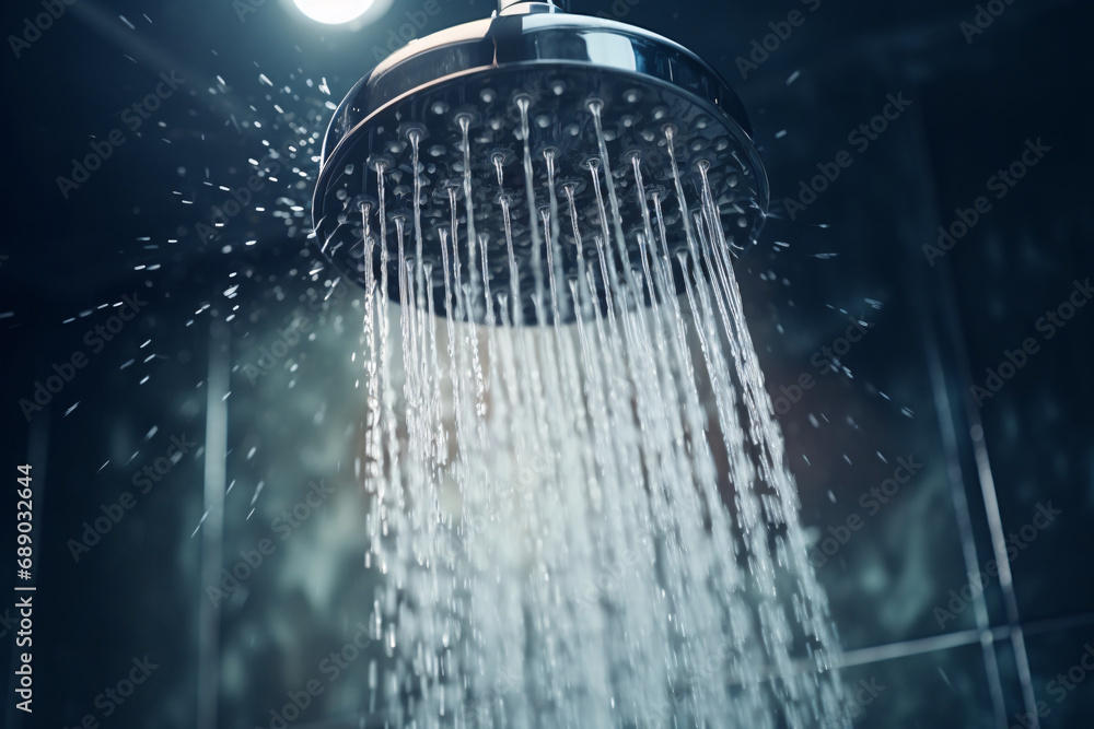 Water coming out of a shower head, water pressure, taking a shower
