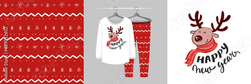 Seamless Christmas pattern and illustration for kid with deer wrapped in a scarf, Happy New Year. Cute design on pajamas mockup. Baby background for clothes wear, room decor, t-shirt, wrapping