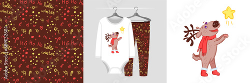 Seamless pattern and illustration set with cute deer which reaches for the star. Baby design pajamas, background for apparel, room decor, tee prints, baby shower, fabric design, wrapping