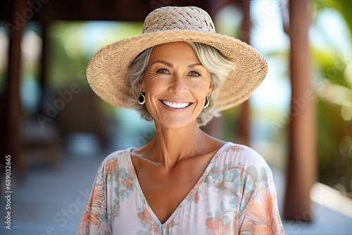 happily retired woman wearing a straw hat at a holiday resort photo