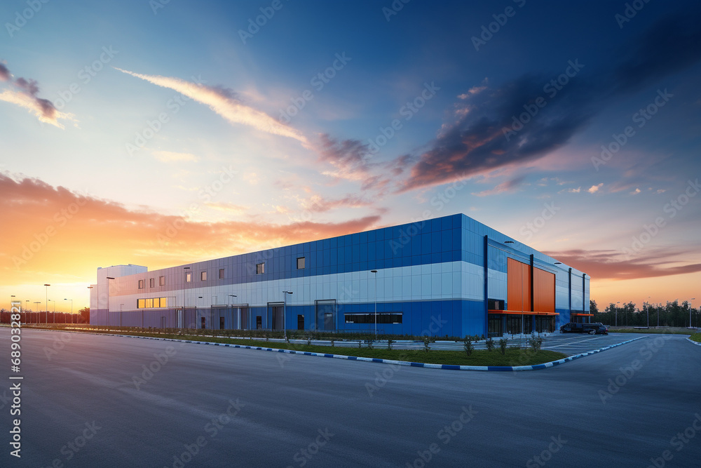 Obraz premium Modern Logistic Warehouse Facility Structure at Sunrise, Infused with a Harmonious Blend of Blue and Orange Hues. Ai generated