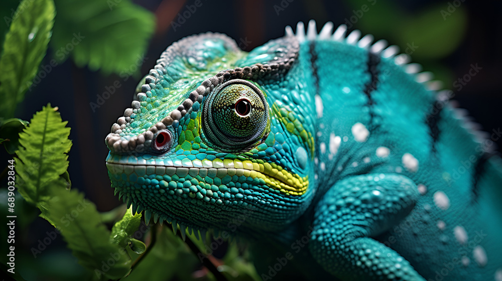 Fototapeta premium green iguana on a branch,Panther chameleon Reptiles, lguana lizardd dragon in zoo