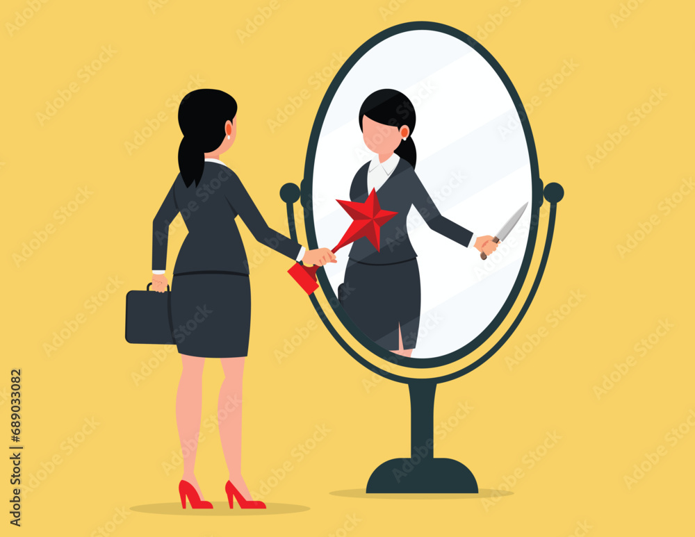 Behind business success. business woman holding a trophy looks at his reflection in the mirror.