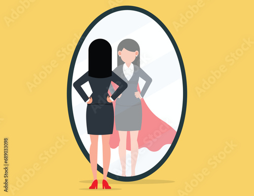 Self confidence, Business leadership. Business woman looking at his strong ideal self superhero reflection mirror.