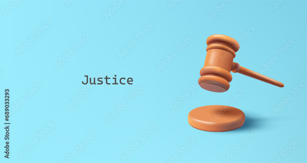 Wooden Judge Gavel 3d render vector illustration. Justice hammer sign icon concept. Law and justice concept. - obrazy, fototapety, plakaty 