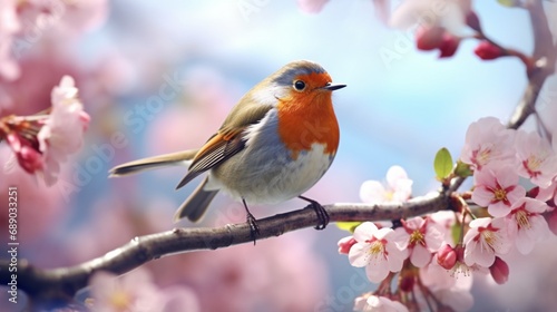 A solitary red robin perched on a blossoming branch, its song filling the air with the music of spring. © rojar deved