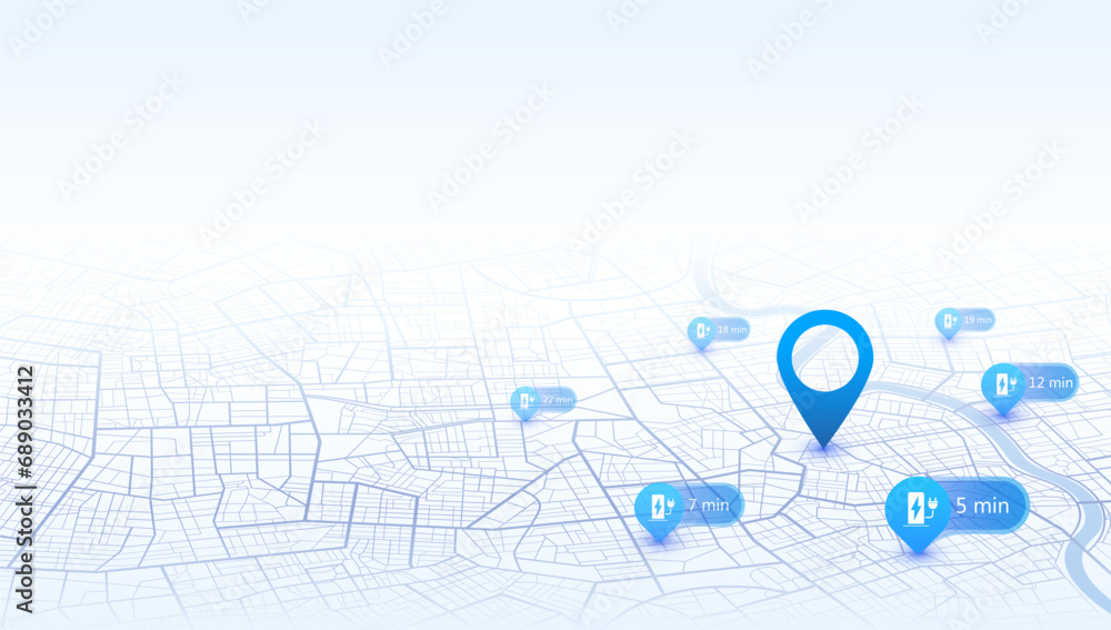 Location EV charging station location mark on gps navigation map a lot with fast supercharger station. Path turns and destination tag or mark. Huge city top view Tracking path, route. vector isometric Location EV charging station location mark on gps navigation map a lot with fast supercharger station. Path turns and destination tag or mark. Huge city top view Tracking path, route. vector isometric