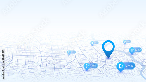 Location EV charging station location mark on gps navigation map a lot with fast supercharger station. Path turns and destination tag or mark. Huge city top view Tracking path, route. vector isometric photo