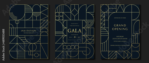 Luxury invitation card background vector. Elegant classic antique design, gold lines gradient on dark blue background. Premium design illustration for gala card, grand opening, art deco.