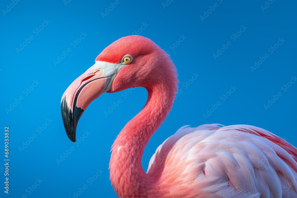 Obraz premium Pink Flamingo's Graceful Detail Against a Tranquil Blue Background. Ai generated
